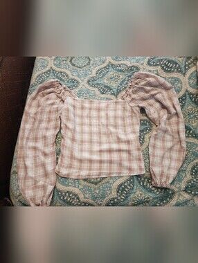 Abercrombie & Fitch Plaid Off-Shoulder Long Sleeve Milkmaid Cottagecore Top